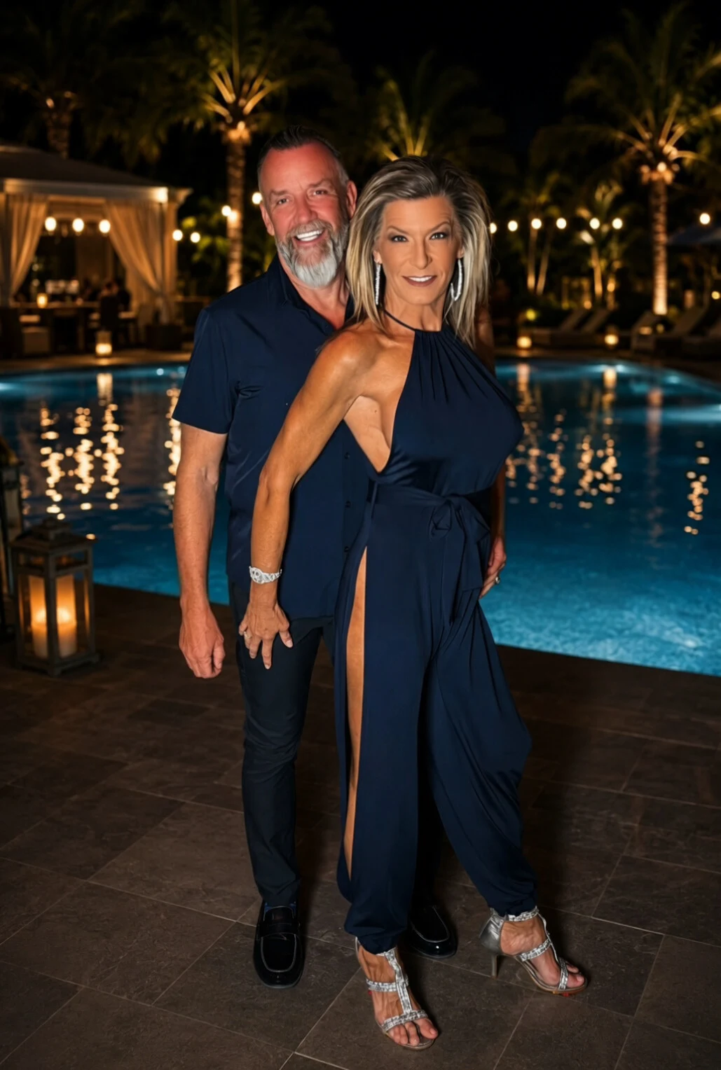 Craig and Kellie together beside an illuminated pool at night