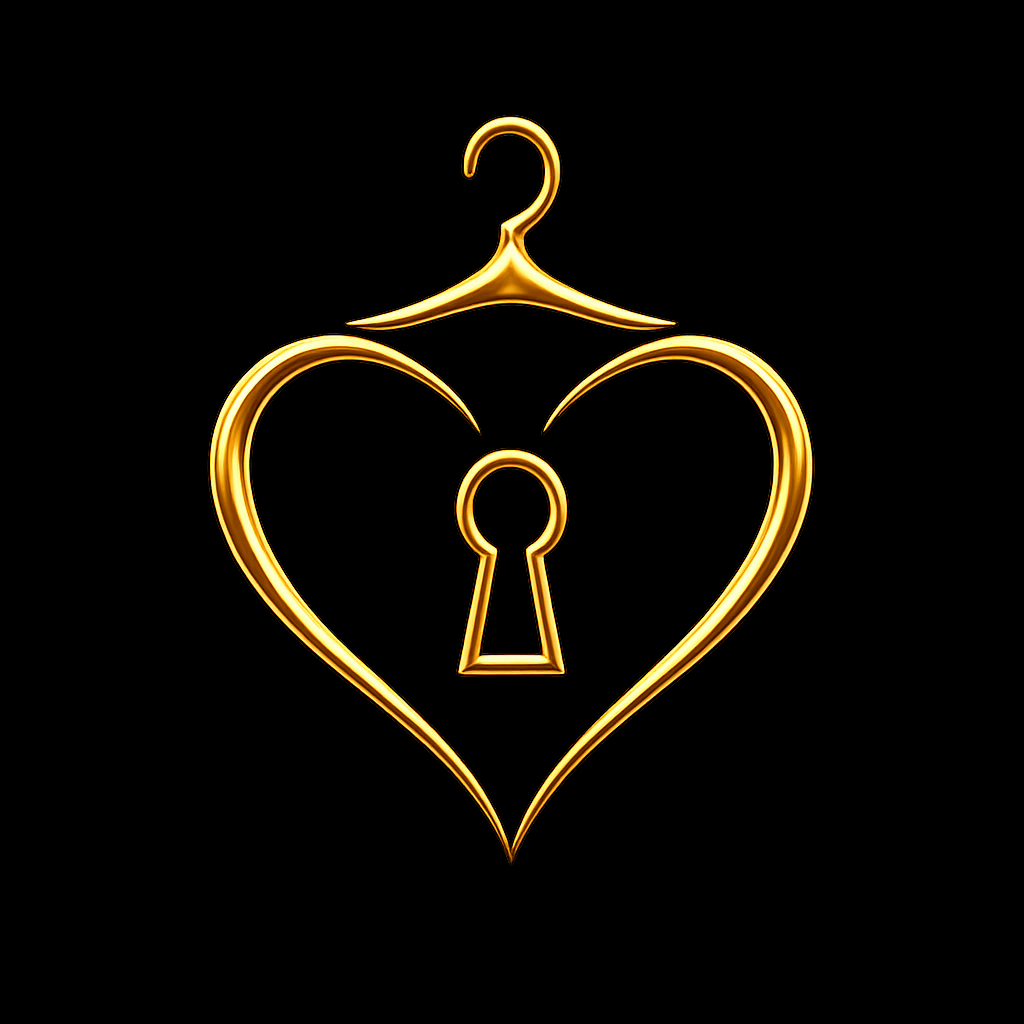 Our Secret Wardrobe gold heart, hanger and keyhole logo